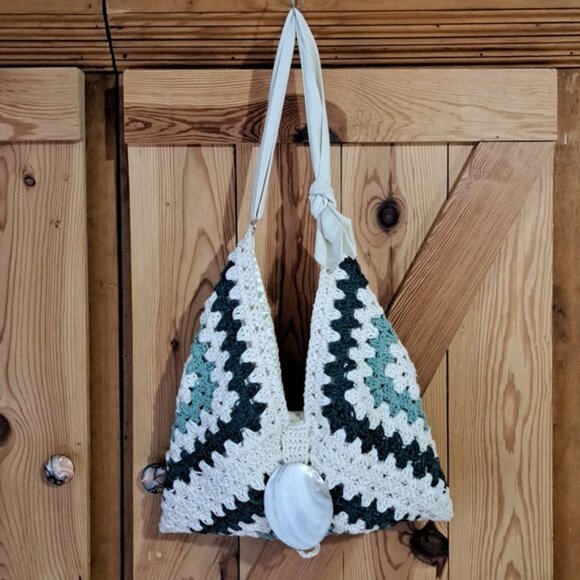 Hand Crafted Crochet Granny Square Three Triangle Cotton Bag Purse Tote - Picture 7 of 13